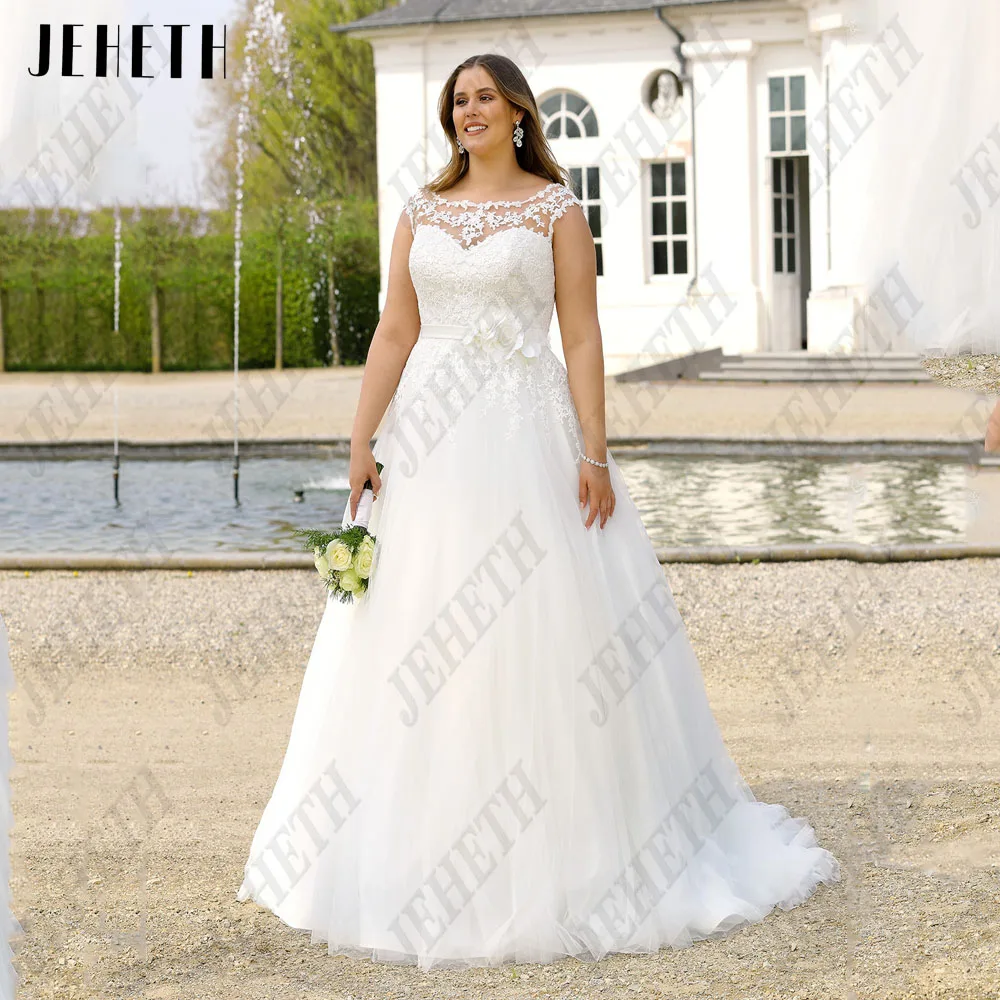 

JEHETH Elegant Wedding Dresses For Woman Cap Sleeves Scoop Illusion Bride Gowns Plus Size Applique A-Line vestidos de novia