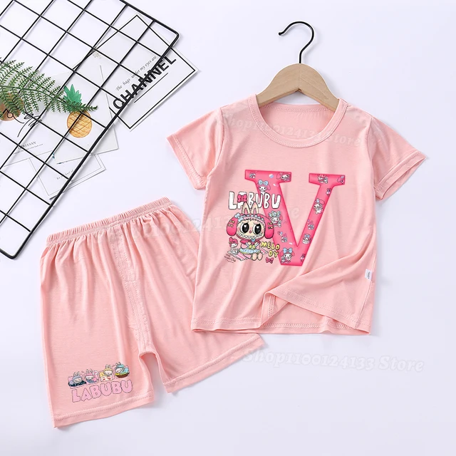 Labubu Melody Baby Pink Pajama Set – Cute Anime A-Z Print Sleepwear for Girls, Lightweight Short Sleeve & Kawaii Shorts 3