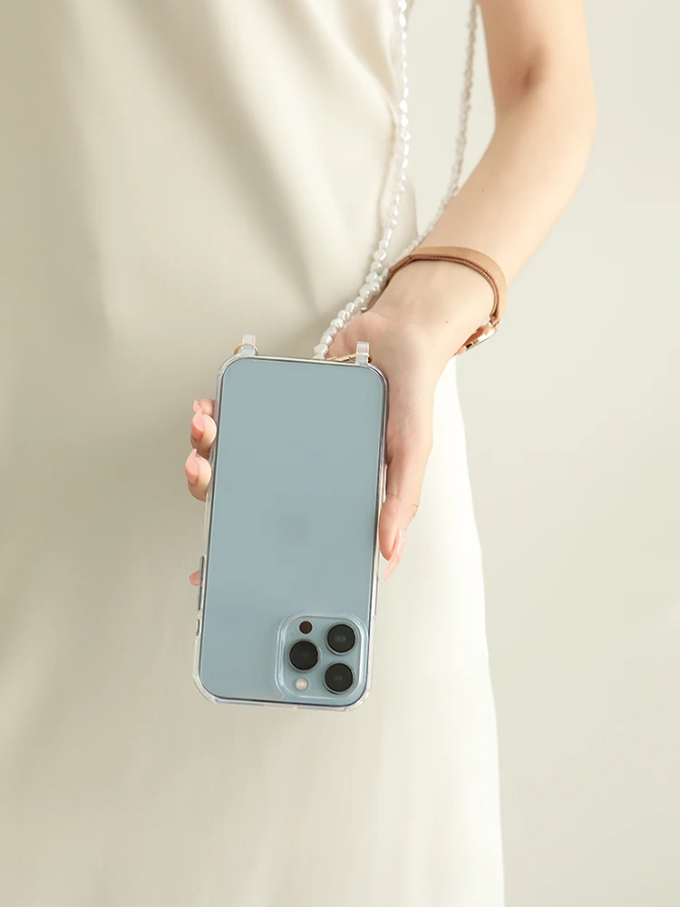 Luxury Acrossbody Pearl Lanyard Necklace Phone Case with Clear Acrylic Cover