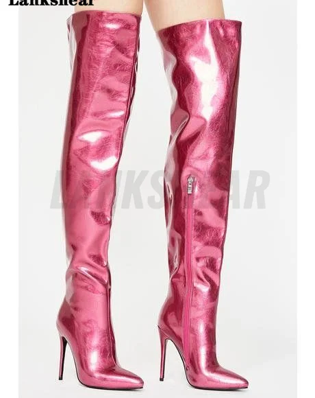 Women Boots Pleated Patent Leather Motorcycle Over The Knee Boots Women Fashion Pointed Toe Zip Thigh High Lady Shoes