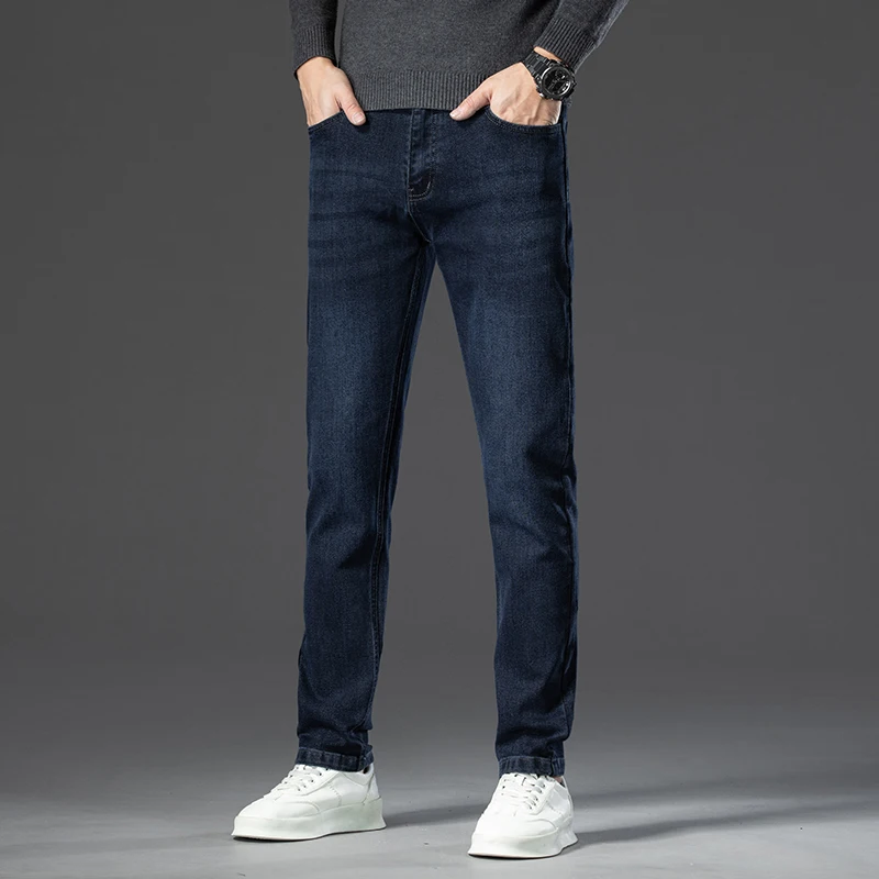2024 Autumn Winter New High Elasticity Men's Business Jeans Haze Blue Black Gray Denim Trousers Men's Pants Work Clothes Brand 2