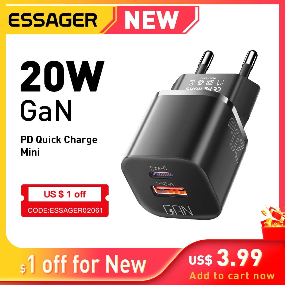 Essager 20W GaN USB typ C ładowarka za $2.79 / ~12zł