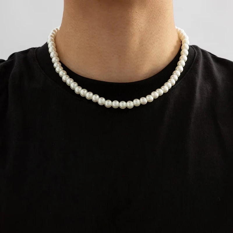 Simple Imitation-Pearl Beaded Short Choker Necklace for Men - Detail