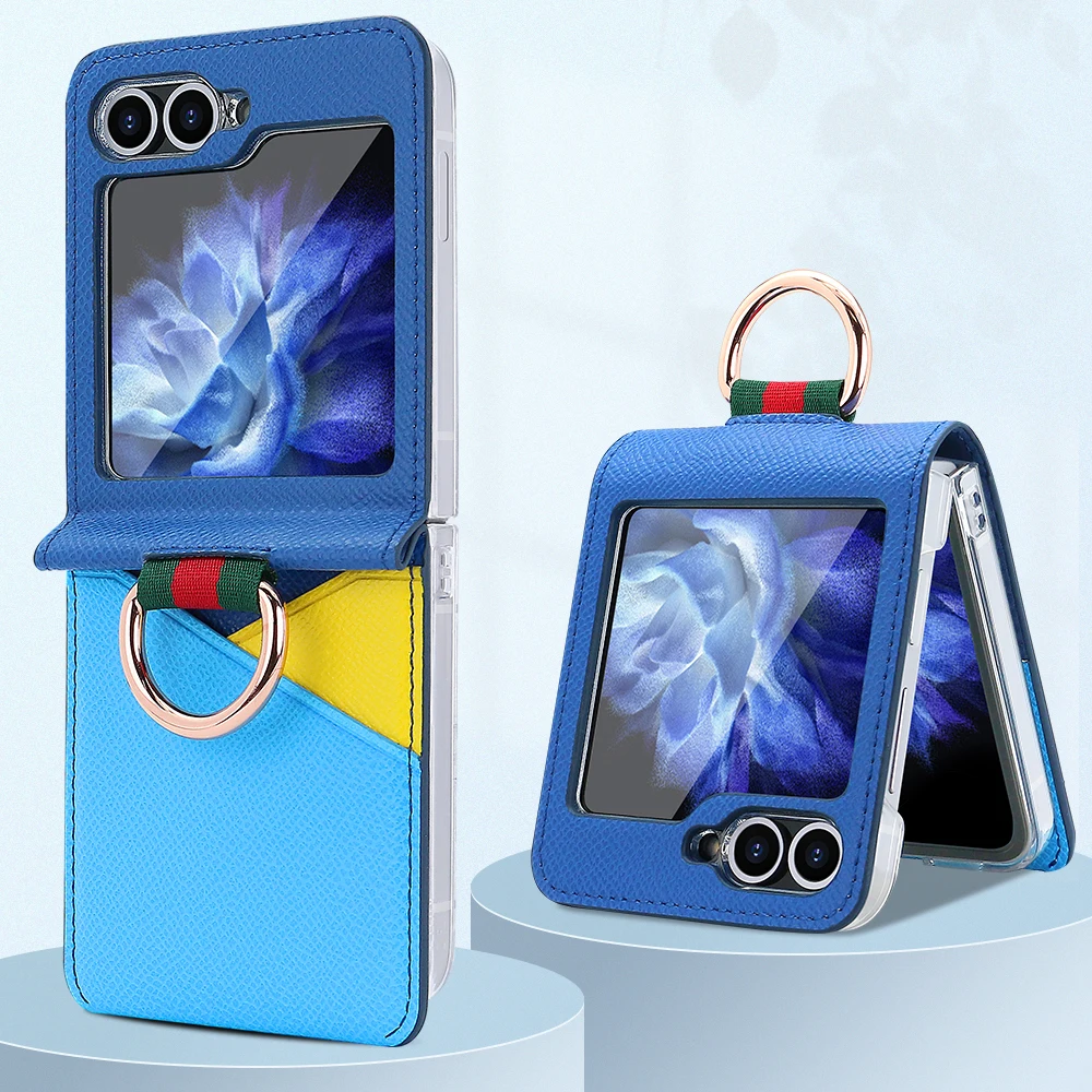 Color Collision Design Z Flip Phone Case with Finger Ring and Card Slot, Premium PU Leather