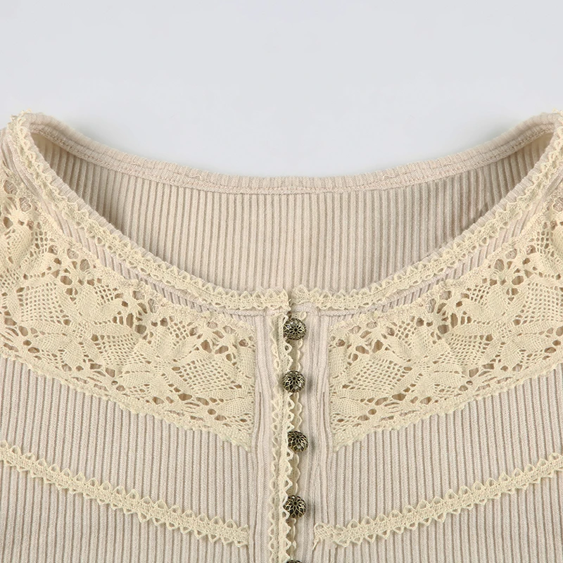 Camisetas básicas de punto con encaje y botones elegantes y retro para mujer, de manga larga, exquisitas y ajustadas, para otoño.