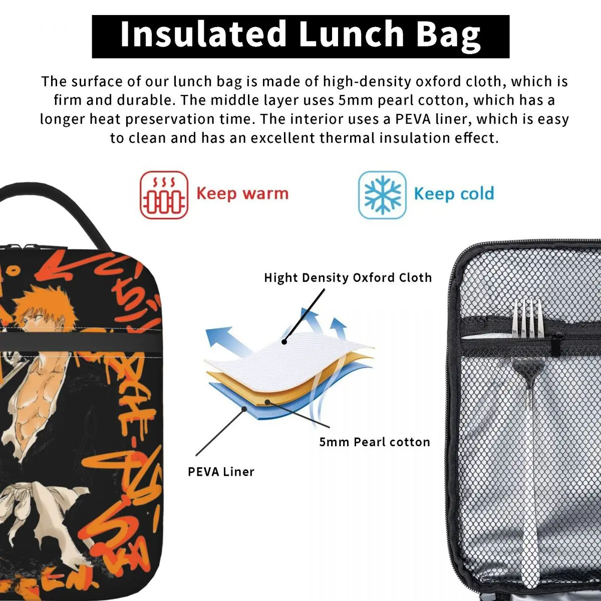 Bleach Ichigo Kurosaki Insulated Lunch Bags Cooler Bag Reusable Anime High Capacity Tote Lunch Box for Men Women Beach Picnic