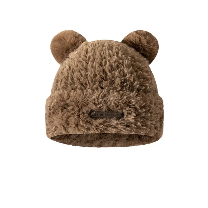 Hats Winter Knitted Hats Pile Hats Big Head Circumference Soft and Waxy Cute Bear Ears Plush Hat Autumn and Winter Warm Hat