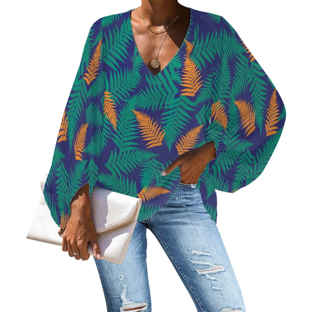 

NOISYDESIGNS Women Chiffon Blouse 2022 Summer Hawaiian Plants Print Casual Lantern Long Sleeve V-neck Top Lady Blusa Femme