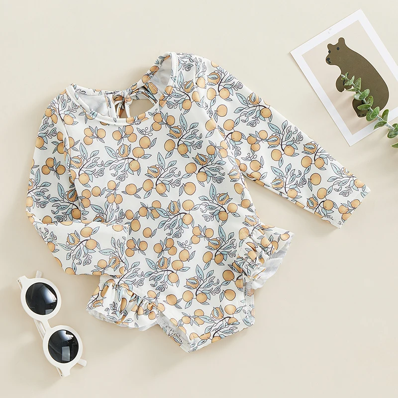 Toddler Baby Kids Girls Summer Swimsuits Floral Print Long Sleeve Ruffles Jumpsuit Swimwear Beachwear Bathing Suits children swimwear swimsuit one piece
