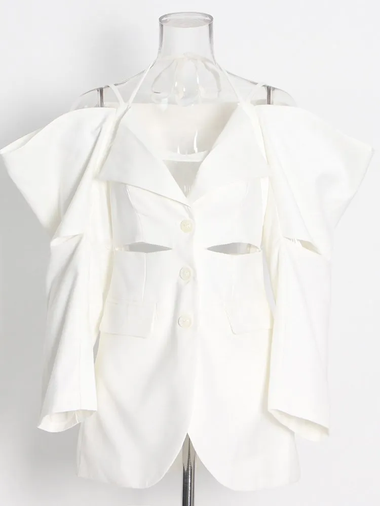 KBQ Spliced Lace Up Hollow Out Backless Blazer For Women V Neck Long Sleeve Off Shoulder Single Breasted Solid Blazers Female