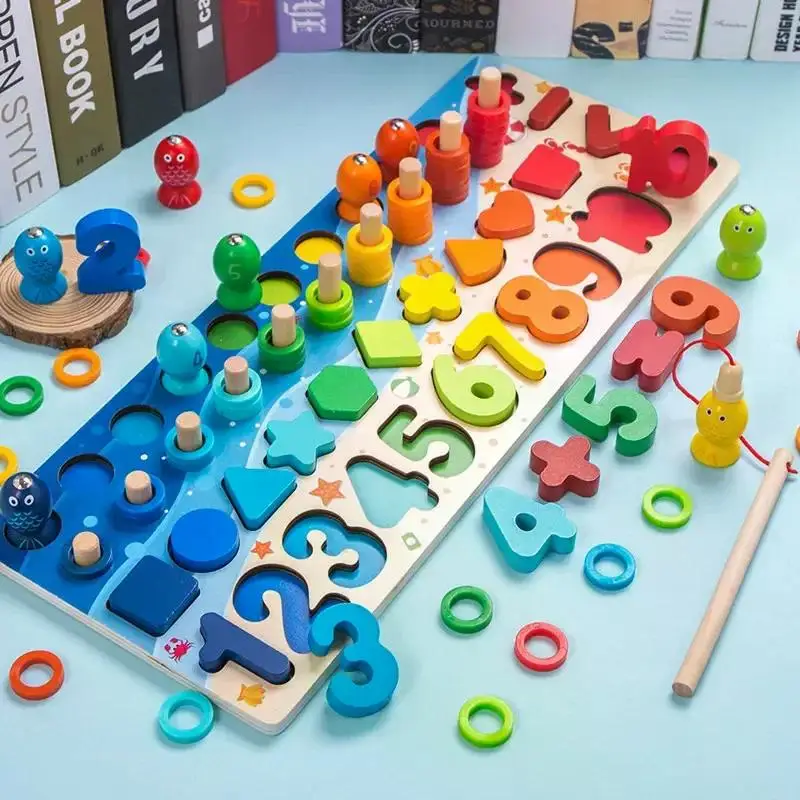 Kids Montessori Math Toys For Toddlers Educational Wooden Puzzle Fishing Toys Count Number Shape Matching Sorter Games Board Toy 6