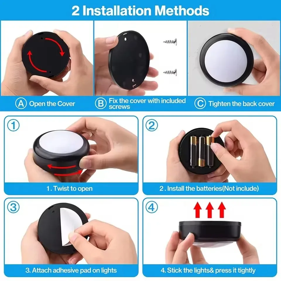 Wireless RGB LED Dimmable Puck Lights with Remote Control - Battery Operated for Under Cabinet, Kitchen, and Closet Use