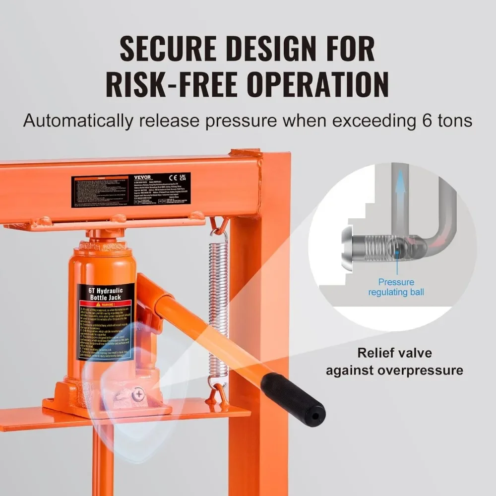 Hydraulic 6 Ton H-Frame Garage Floor Adjustable Shop Press with Plates, 6T, Orange 3