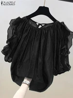 ZANZEA Women Cold Shoulder Blouses Fashion Ruffled Half Sleeve Tops 2024 Back Straps Pleated Tunics Summer Casual Loose Shirts - Image 2