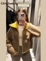 Casual Women's Contrast Color Knitted Coats Stand Collar Full Sleeve Zipper Pockets Jacket 2025 Autumn Winter Lady Warm Outwear 6