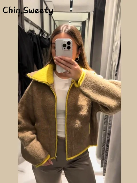Casual Women's Contrast Color Knitted Coats Stand Collar Full Sleeve Zipper Pockets Jacket 2025 Autumn Winter Lady Warm Outwear 6