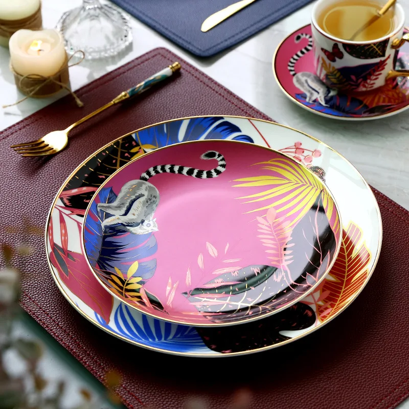 Dinnerware Set Colorful Forest Animal Design Plate Steak Tray Flat Plate Ceramic Tableware 8inch Dish Christmas Gift Gold Rim