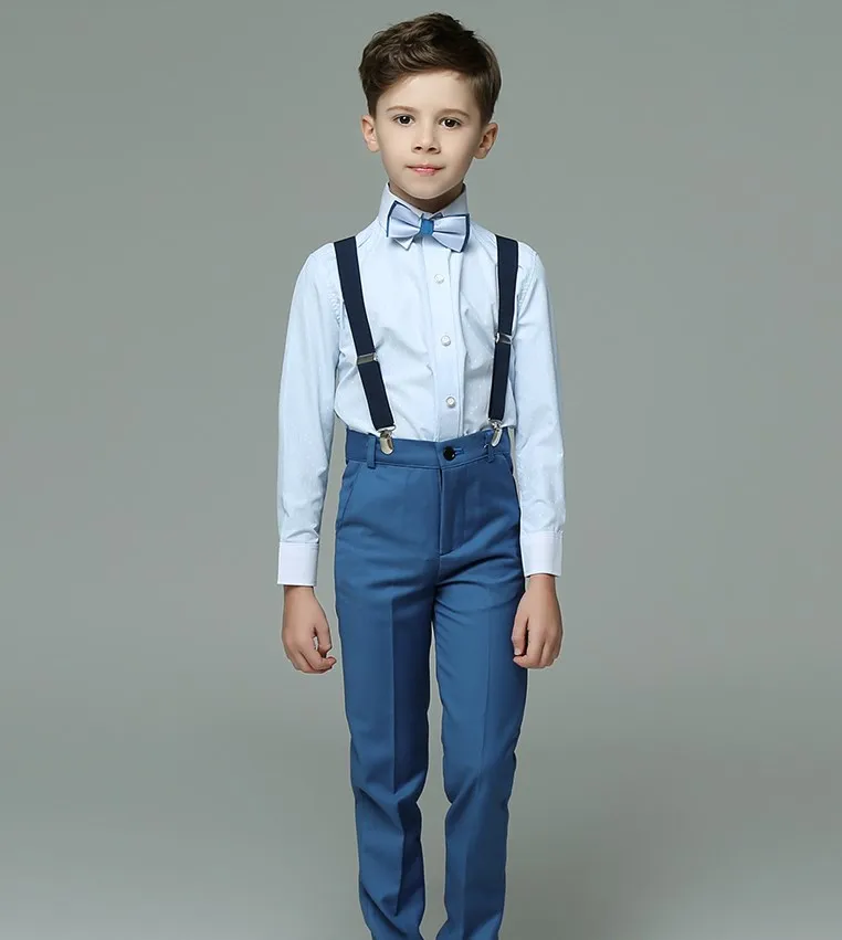 

2022 Boys Summer Blue Wedding Suit Kids Shirt Suspender Pnats Bowtie 4PCS Formal Suit Child Photography Costume Teenager Uniform