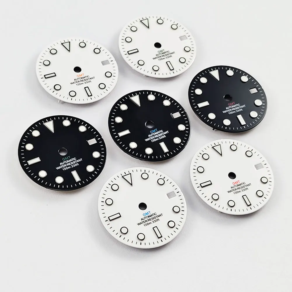 White & Black Mark Gloss Watch Dial with Blue & Green Luminous Accents - 28.5mm
