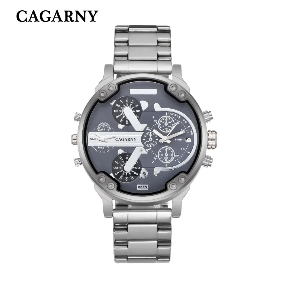 

Cool Mens Watches Silver Stainless Steel Quartz Watch For Men Cagarny Brand Waterproof Dual Times Male Clock Sport Reloj Hombre