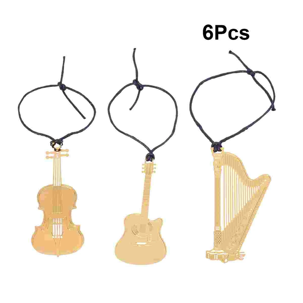 

6pcs Exquisite Musical Instrument Creative Bookmarks With Rope Metal Bookmarks for Stationery Gifts (Violin + Guitar + Harp,