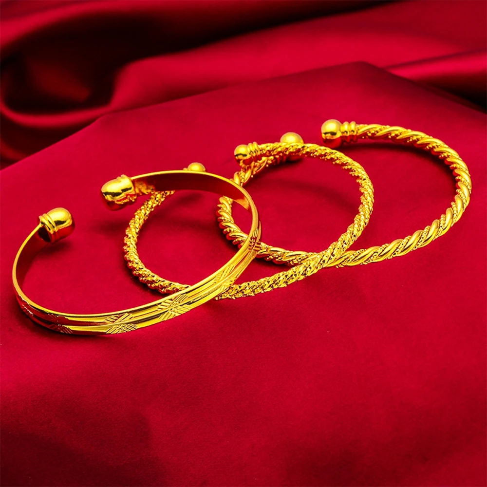 Brazalete para mujer de estilo simple, pulsera trenzada tallada en oro amarillo, brazaletes abiertos_voghion.com