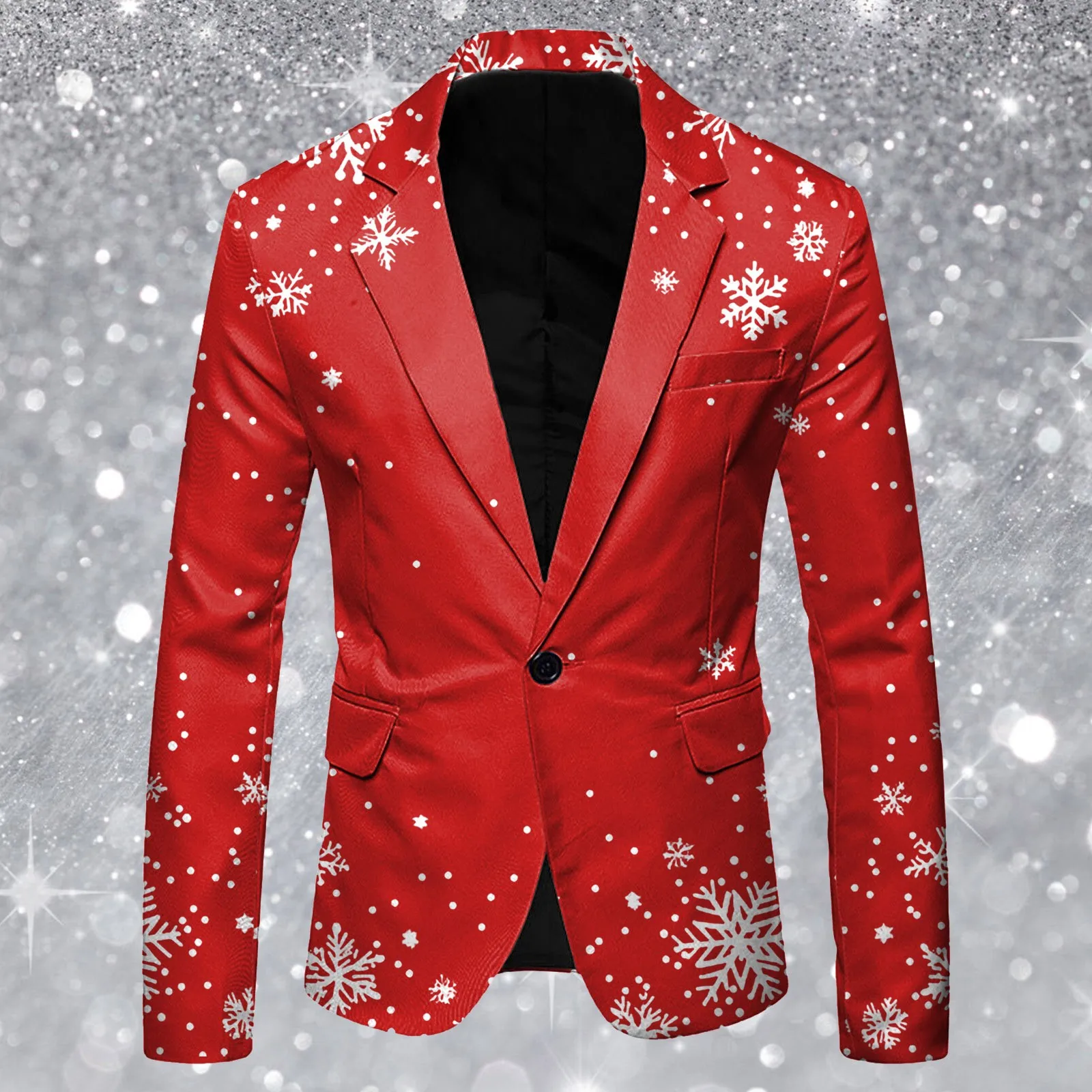 Men Christmas Suit Jacket Snowflake Print Long Sleeve Lapel One Button Blazer Jackets Snow Printed New Year Xmas Suit Coat