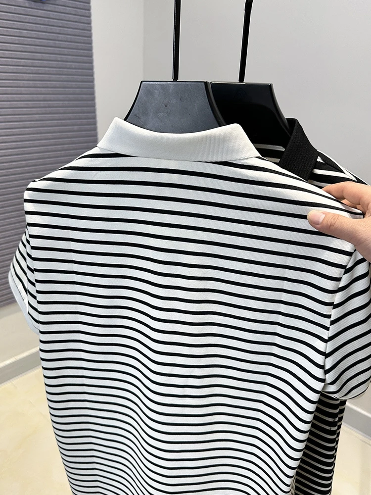 High end brand embroidery men short sleeve polo shirt fashion black white striped summer comfort breathable youth trend T-shirt 12 S456929d4e3634872bc539313966b4448c