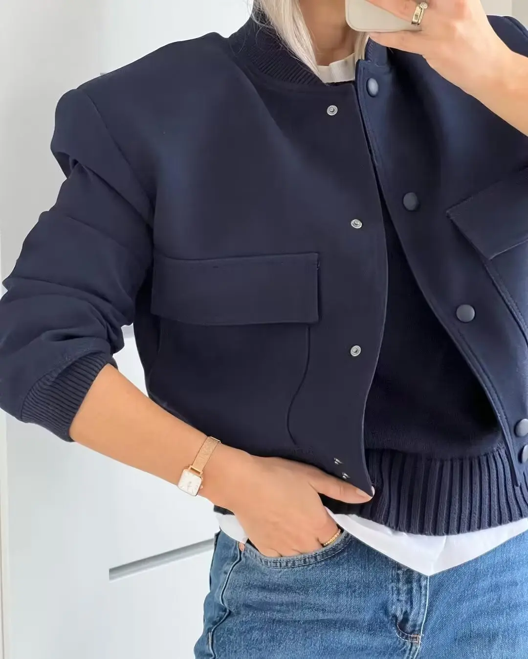 Dark Blue Cropped Jacket Women Long Sleeves Big Pockets Jacket Chic Lady High Street Casual Coats Top Female 2023 New