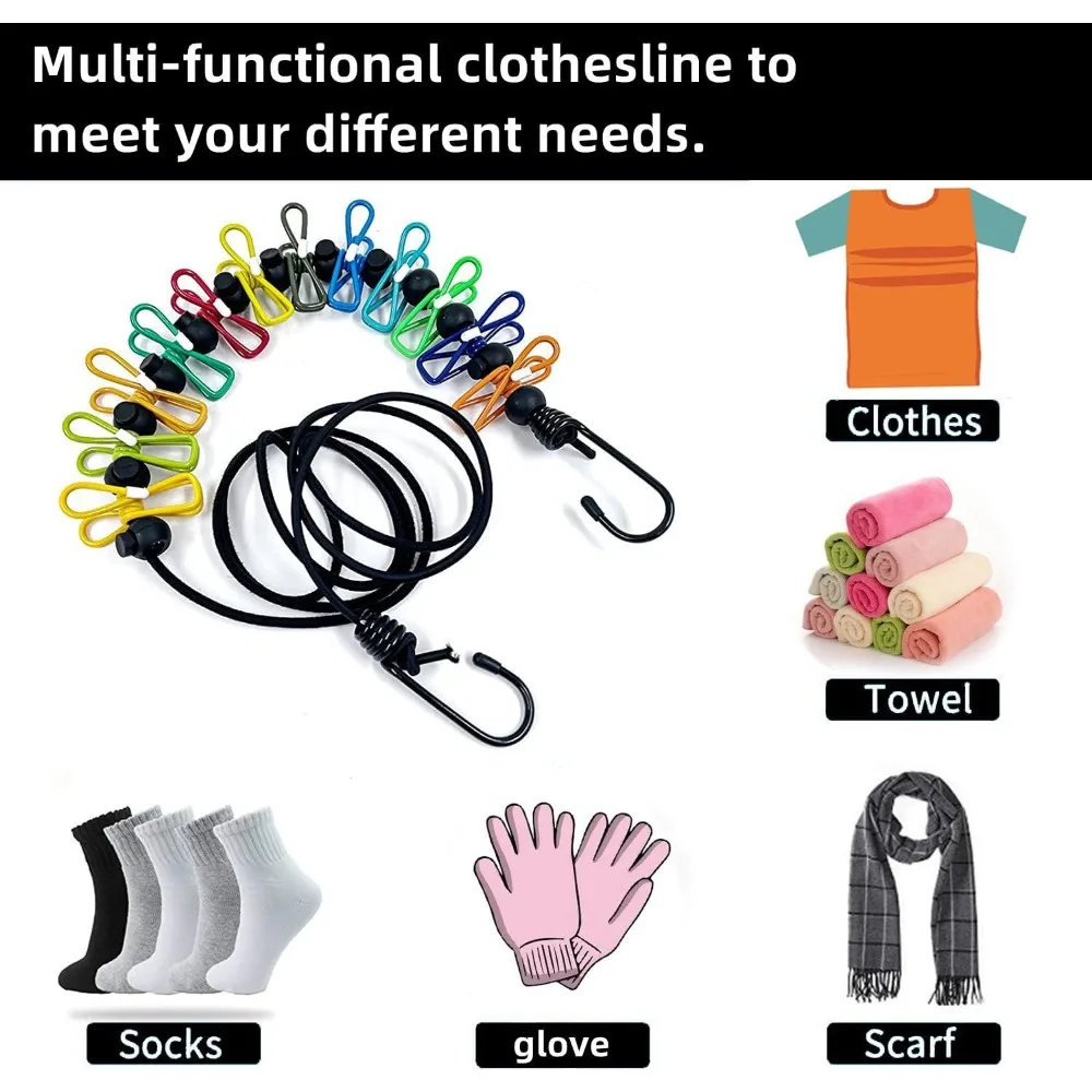 Clothesline，Retractable Portable Clothesline for Travel，Clothing line with 12 Clothes Clips，for Indoor and Outdoor Laundry Dryin