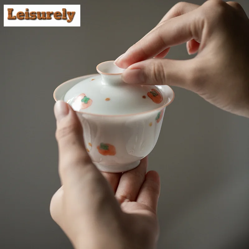 90ml Hand-painted Persimmon Gaiwan Ancient White Porcelain Ercai Ruyi Tea Tureen Tea Making Cover Bowl Tableware Ornaments Gifts