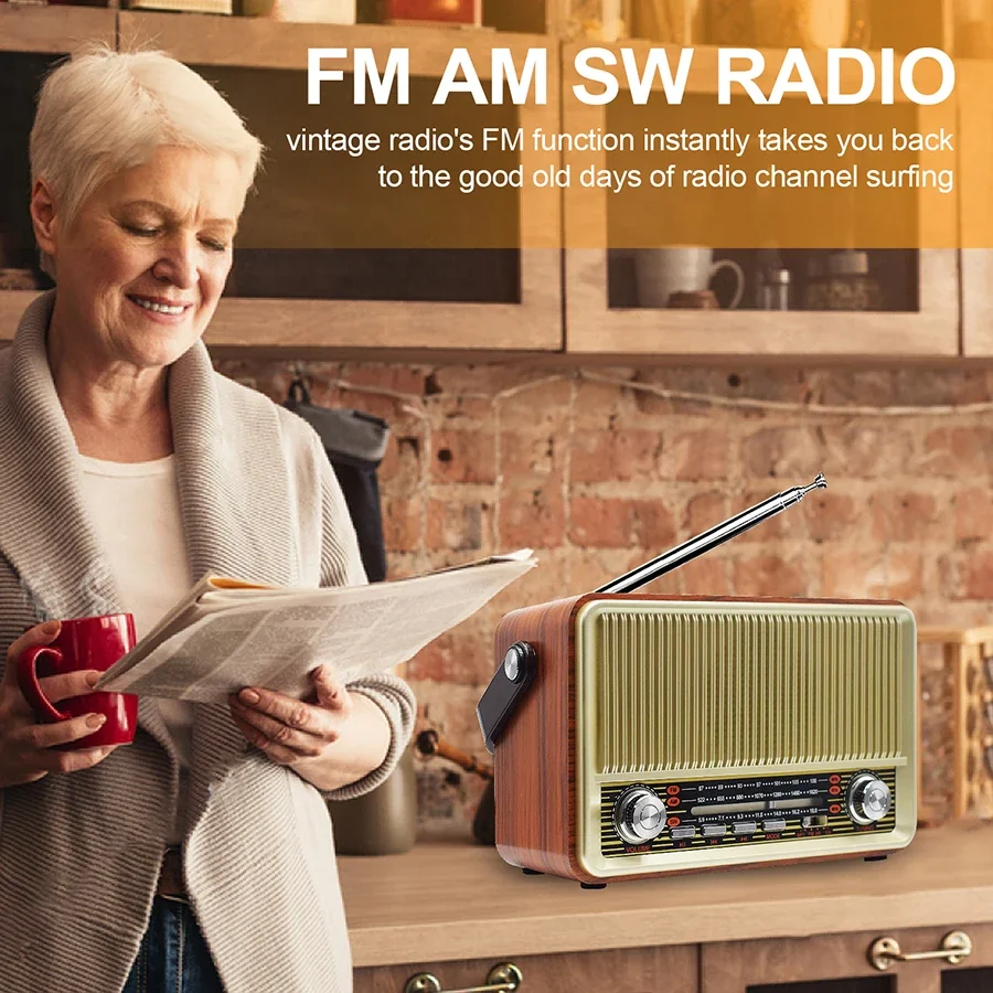 Portable Bluetooth Speaker Radio FM/AM/SW Card TF USB MP3 Music Player Wooden Retro
