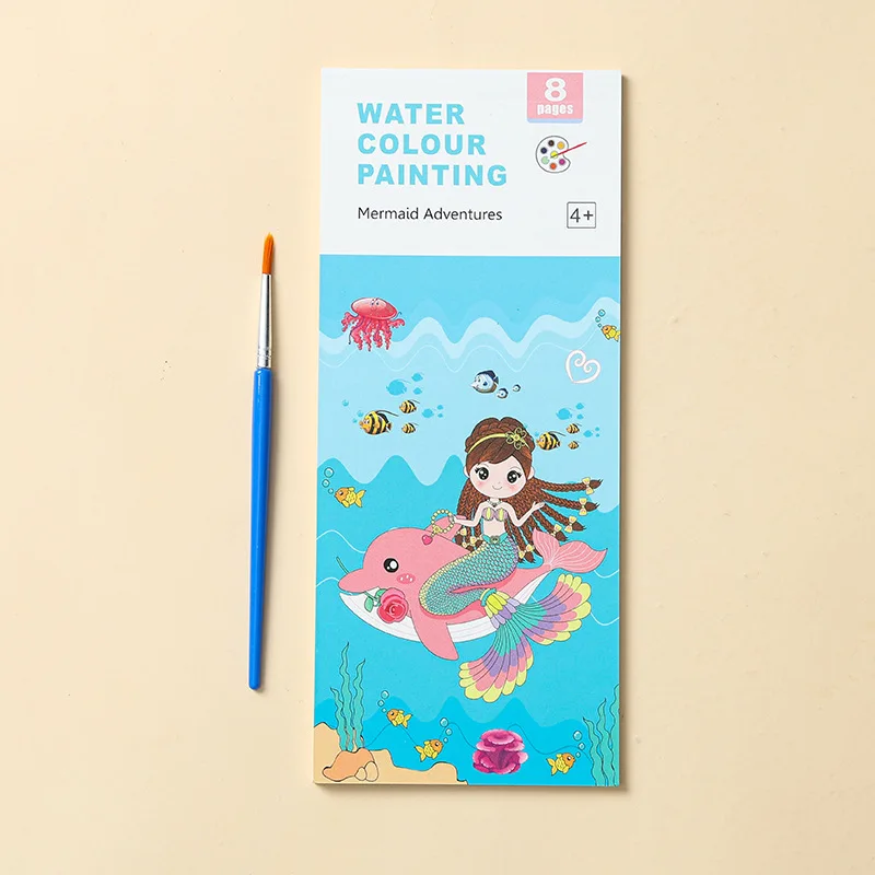 8 pages watercolor activity book with paintbrush - students' worry free fun, vibrant colored paper with unique illustrations