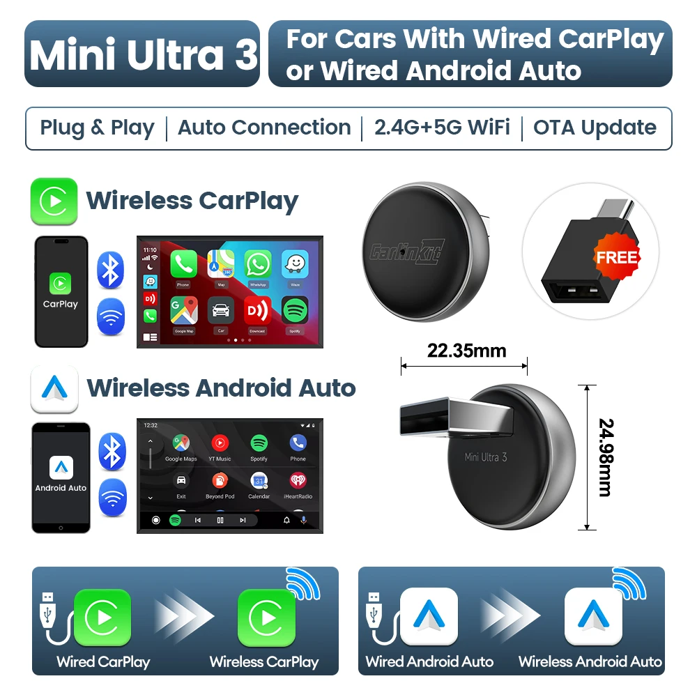 Neuer CarlinKit 5.0 Mini Ultra3 Wireless Android Auto & CarPlay 2-in-1-Wireless-Adapter WIFI Bluetooth Auto Connect Smart Mini Box Plug and Play für Autos