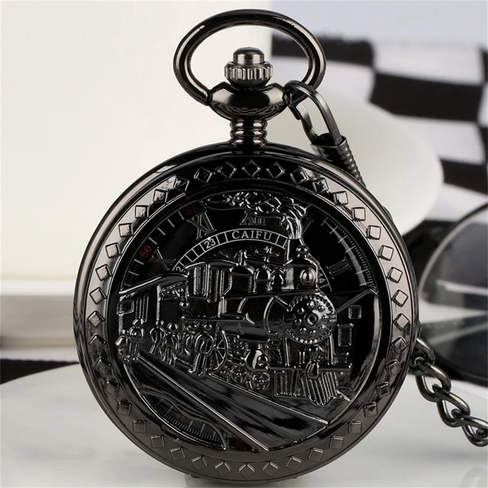 Requintado Masculino Feminino Preto Correndo Locomotiva Bolso Relógio Mecânico Esqueleto Mão Vento Antigo Pingente