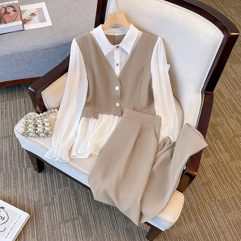 2024 Early Autumn Fashion Suit Women's European Goods Temperament Show Thin Shirt Straight Pants Casual Women's Two-Piece Set