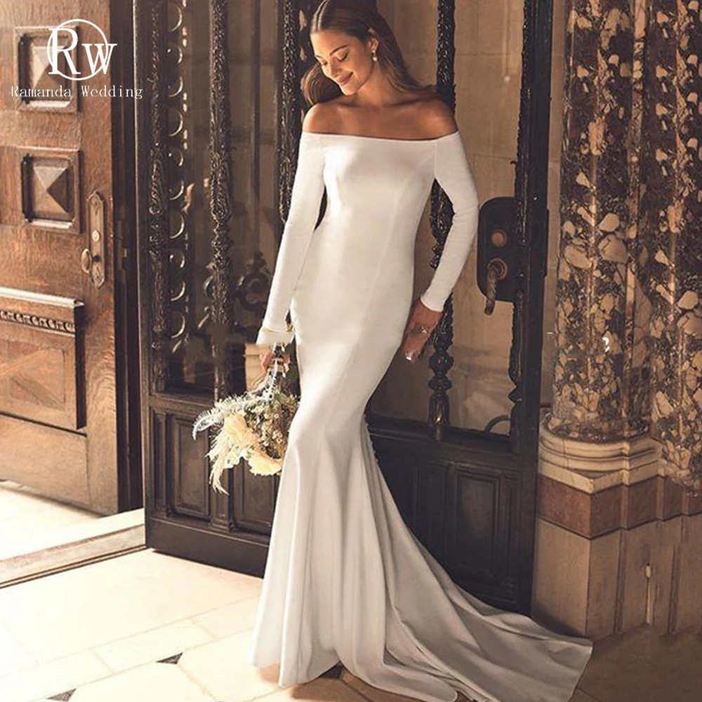

Ramanda Elegant Long Sleeves Mermaid Wedding Dress For Bride 2024 Boat Neck Spandex Button Decoration Sweep Train Robe De Mariée