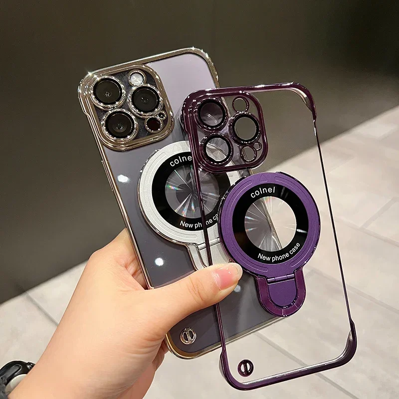 Sleek Borderless Magnetic Case with Folding Holder and Glass Camera Protector