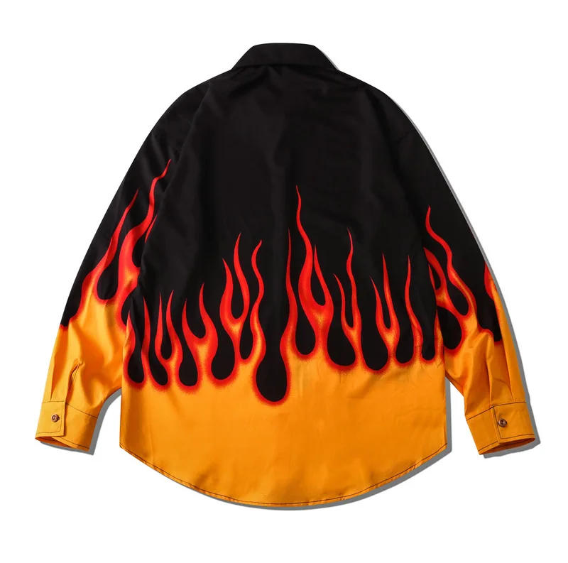 Autumn New Men\'s Fashion Flame Print Shirts Korean Style Long Sleeve Loose Oversized Shirt For Man Casual Couple Ropa Navidad