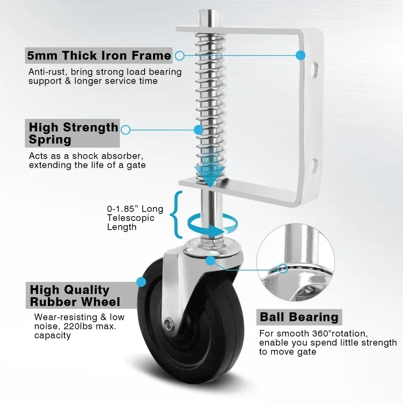thumbnail image 2 of 4 Inch Spring Loaded Gate Caster - Hard Rubber Wheel With 220lb Capacity For Uneven Ground 2 of 9