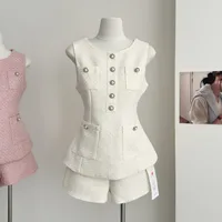 High Quality Female Tweed Sleeveless Vest Top High Waist Shorts Set Women French Slim Summer Sweet Girl Lady Two Piece Outfits - Image 3