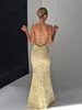 Pale Yellow Print Backless Bandage Dress Women Chic Sleeveless Off Shoulder High Waist Slim Fit Robes Lady Evening Party Gowns
