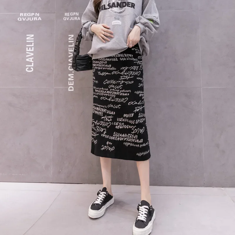 Maternity Knitted High Waist Midi Skirt Belly Support Autumn Winter Half-length Wrap-around Knee-length One-step Skirt
