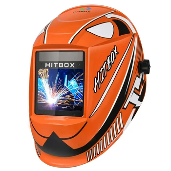 Casco per saldatura HITBOX HB555 Oscuramento automatico 3,9x3,1 pollici Cappuccio per saldatura con ampia visualizzazione Maschera per saldatore alimentata a batteria solare a colori reali