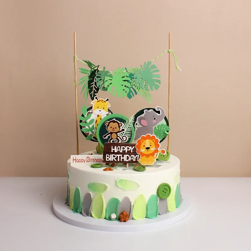 Wild Amimals Cake Topper Safari Jungle Animal Cake Flag Palm Leaves Boy Girl Birthday Party Decoration Kids Party Cake Decor