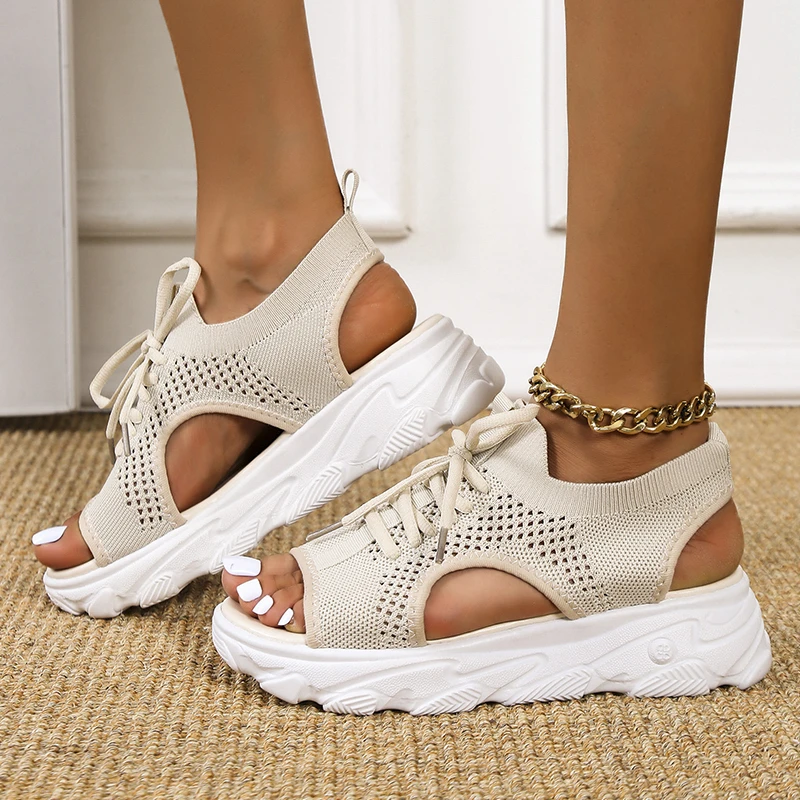 Women Sandals Summer Mesh Casual Shoes Thick-Soled Lace-Up Open Toe Beach Shoes