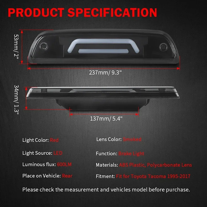 Rear LED Third 3rd Brake Light Lamp Red Lens Fit For 1995-2017 Toyota Tacoma - Foto 12