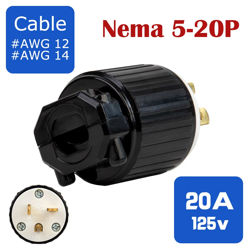 USA 3-Prong Male AC Plug UL Nema 5-20P 3 Pole Straight T- Blade DIY Rewirable AC Plug 20A 125V USA 3Pin Connector