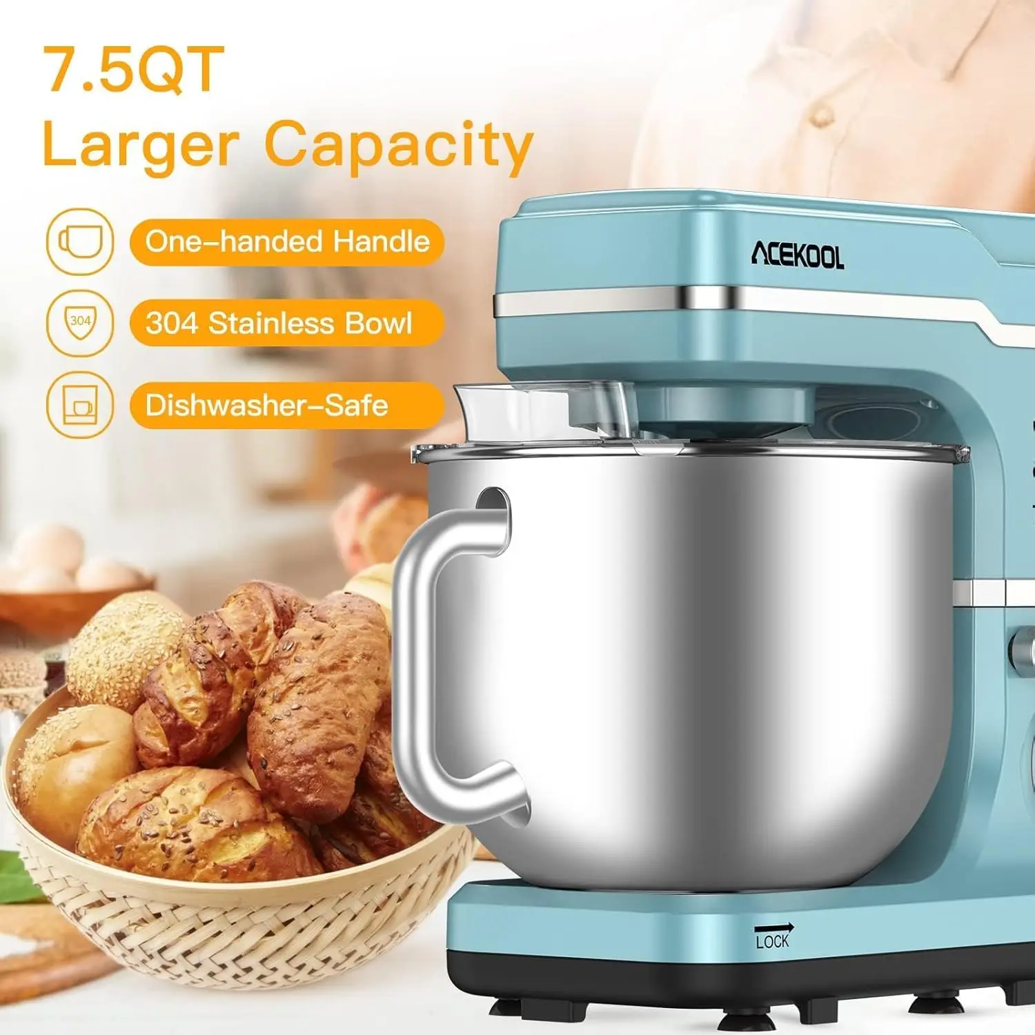 Stand Mixer - 7.5QT Bowl with Handle, 660W Motor, 10-Speed Settings, Tilt-Head Design, Dough Hook, Beater, Splash Guard 2