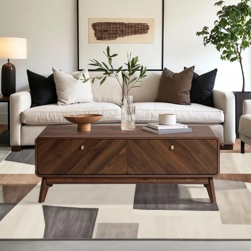 Coffee Table with Storage, 47" Mid Century Modern Coffee Table, Live Edge Coffee Tables for Living Room, Wooden Center Table 6
